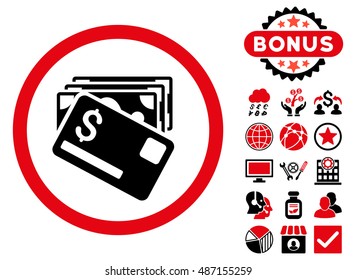 Banknotes and Card icon with bonus images. Vector illustration style is flat iconic bicolor symbols, intensive red and black colors, white background.