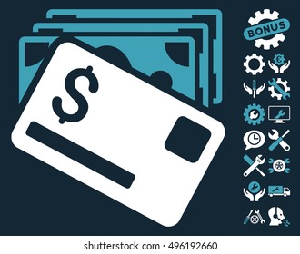Banknotes and Card icon with bonus tools pictures. Vector illustration style is flat iconic bicolor symbols, blue and white colors, dark blue background.