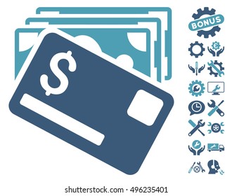 Banknotes and Card icon with bonus tools pictures. Vector illustration style is flat iconic bicolor symbols, cyan and blue colors, white background.