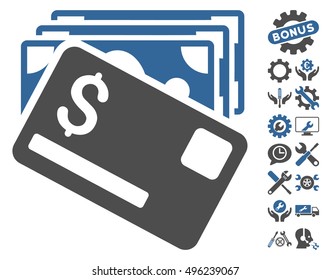 Banknotes and Card icon with bonus tools clip art. Vector illustration style is flat iconic bicolor symbols, cobalt and gray colors, white background.