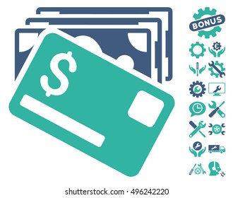 Banknotes and Card icon with bonus tools pictures. Vector illustration style is flat iconic bicolor symbols, cobalt and cyan colors, white background.