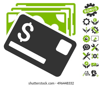 Banknotes and Card icon with bonus tools design elements. Vector illustration style is flat iconic bicolor symbols, eco green and gray colors, white background.