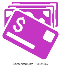 Banknotes and Card icon. Vector style is flat iconic symbol with rounded angles, violet color, white background.