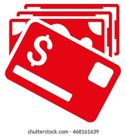 Banknotes and Card icon. Vector style is flat iconic symbol with rounded angles, red color, white background.