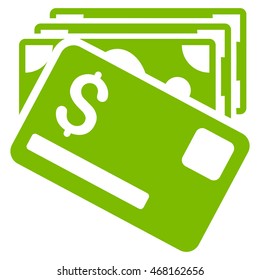Banknotes and Card icon. Vector style is flat iconic symbol with rounded angles, eco green color, white background.