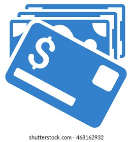 Banknotes and Card icon. Vector style is flat iconic symbol with rounded angles, cobalt color, white background.