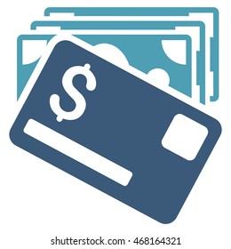 Banknotes and Card icon. Vector style is bicolor flat iconic symbol with rounded angles, cyan and blue colors, white background.