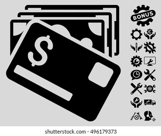 Banknotes and Card pictograph with bonus tools symbols. Vector illustration style is flat iconic symbols, black color, light gray background.