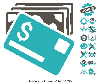 Banknotes and Card pictograph with bonus tools pictogram. Vector illustration style is flat iconic bicolor symbols, grey and cyan colors, white background.