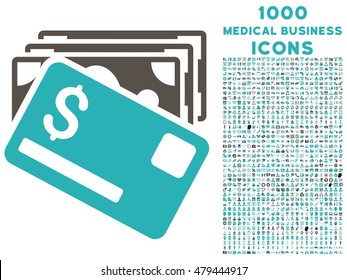 Banknotes and Card vector bicolor icon with 1000 medical business icons. Set style is flat pictograms, grey and cyan colors, white background.