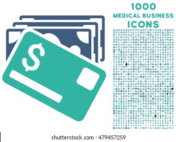 Banknotes and Card vector bicolor icon with 1000 medical business icons. Set style is flat pictograms, cobalt and cyan colors, white background.