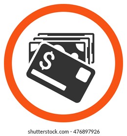 Banknotes and Card vector bicolor rounded icon. Image style is a flat icon symbol inside a circle, orange and gray colors, white background.