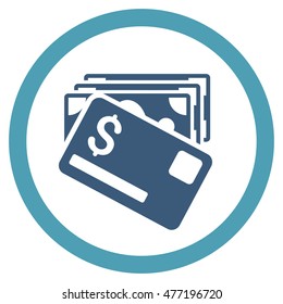 Banknotes and Card vector bicolor rounded icon. Image style is a flat icon symbol inside a circle, cyan and blue colors, white background.