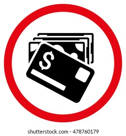 Banknotes and Card vector bicolor rounded icon. Image style is a flat icon symbol inside a circle, intensive red and black colors, white background.