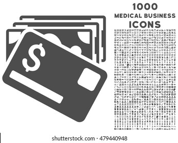 Banknotes and Card vector icon with 1000 medical business icons. Set style is flat pictograms, gray color, white background.
