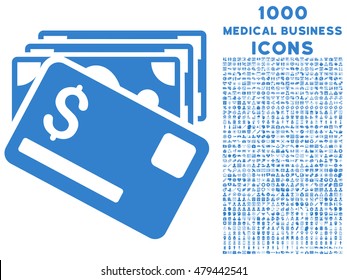 Banknotes and Card vector icon with 1000 medical business icons. Set style is flat pictograms, cobalt color, white background.
