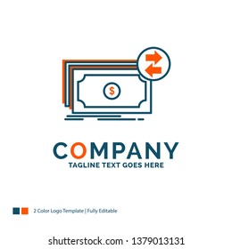 Banknotes, cash, dollars, flow, money Logo Design. Blue and Orange Brand Name Design. Place for Tagline. Business Logo template.