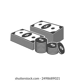 Banknotes cash stack dollar and coins cents icons. Money currency bill silhouette. Vector design elements isolate.