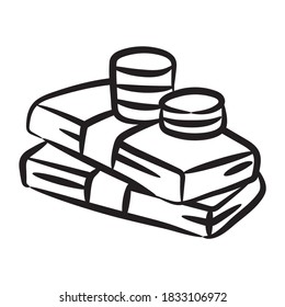 Banknotes with coins, asset in trendy doodle line style 