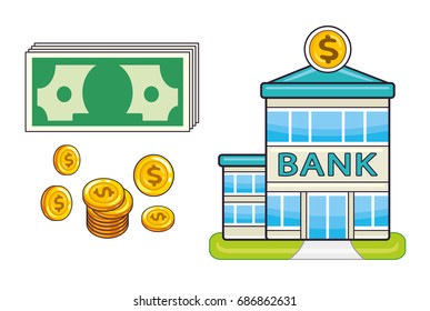 Banknotes, coins and bank building isolated