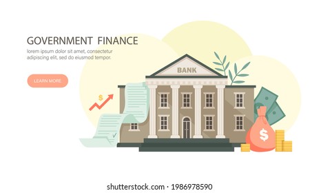 Banknotes, Coins, Financial Documents Next To Government Tax Office Or Finance Department Column Building. Public Finance And Audit Concept. Flat Cartoon Vector Illustration