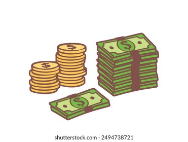 Banknotes and coins. Green dollar bill packs, bundles, stacks and piles. Hand drawn style vector design illustrations.