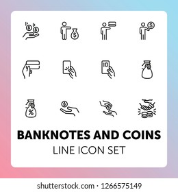 Banknotes and coins line icon set. Set of line icons on white background. Economy concept. Credit card, coins, businessman. Vector illustration can be used for topics like finance, investment, economy