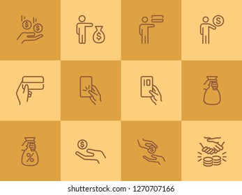 Banknotes and coins line icon set. Set of line icons on white background. Economy concept. Credit card, coins, businessman. Vector illustration can be used for topics like finance, investment, economy