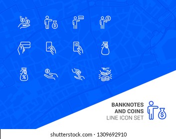 Juego de iconos de la línea de billetes y monedas. Conjunto de iconos de línea en fondo blanco. Concepto de economía. Tarjeta de crédito, monedas, hombre de negocios. La ilustración vectorial puede utilizarse para temas como las finanzas, la inversión, la economía