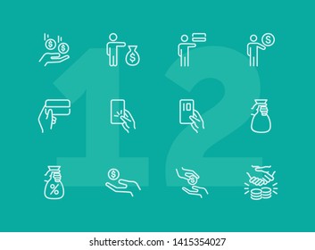 Banknotes and coins line icon set. Set of line icons on white background. Economy concept. Credit card, coins, businessman. Vector illustration can be used for topics like finance, investment, economy