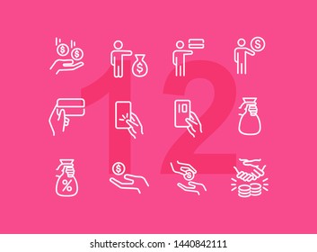 Banknotes and coins line icon set. Set of line icons on white background. Economy concept. Credit card, coins, businessman. Vector illustration can be used for topics like finance, investment, economy