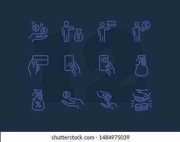 Banknotes and coins line icon set. Set of line icons on white background. Economy concept. Credit card, coins, businessman. Vector illustration can be used for topics like finance, investment, economy