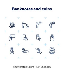 Banknotes and coins line icon set. Set of line icons on white background. Economy concept. Credit card, coins, businessman. Vector illustration can be used for topics like finance, investment, economy