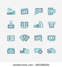 Banknotes and coins line icon set