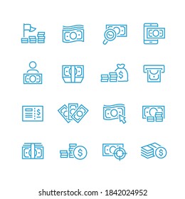 Banknotes and coins line icon set