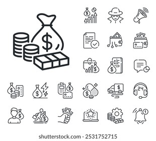 Letrero de billetes con monedas. Dinero en efectivo, préstamos e iconos de esquema de hipoteca. Icono de línea de dinero. Símbolo de efectivo en dólares. Señal de la línea de dinero. Tarjeta de crédito, icono de monedero cripto. Inflación, salario laboral. Vector