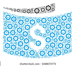 Banknotes collage of cogwheels. Vector gear icons are combined into banknotes collage.