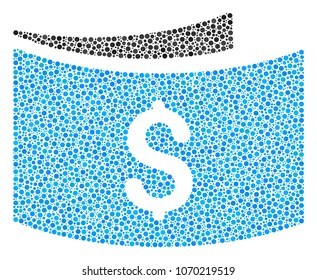 Banknotes composition of round dots in various sizes and color tinges. Small circles are organized into banknotes vector collage. Dotted vector design concept.