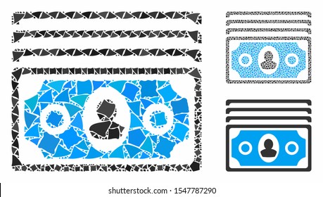 Banknotes composition of tremulant elements in different sizes and color hues, based on banknotes icon. Vector abrupt elements are combined into composition.