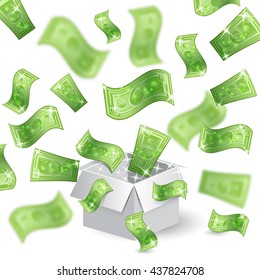 Banknotes with depth of field effect flying from open gift box