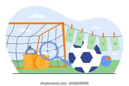 Banknotes drying pinned on clothesline vector illustration. Goal post, foot ball, magnifying glass, sack with coins. Money laundering through sport events concept. 