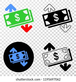 Banknotes exchange arrows EPS vector pictograph with contour, black and colored versions. Illustration style is flat iconic symbol on chess transparent background.