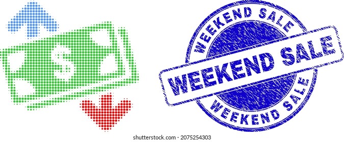 Banknotes exchange arrows halftone dotted icon with Weekend Sale seal stamp. Blue vector round scratched seal stamp with Weekend Sale message inside round shape.