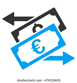 Banknotes Exchange icon. Vector style is bicolor flat iconic symbol, blue and gray colors, white background.