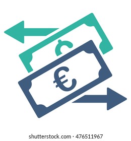 Banknotes Exchange icon. Vector style is bicolor flat iconic symbol, cobalt and cyan colors, white background.