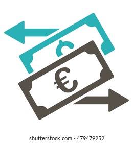 Banknotes Exchange icon. Vector style is bicolor flat iconic symbol, grey and cyan colors, white background.