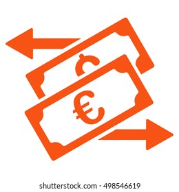 Banknotes Exchange icon. Vector style is flat iconic symbol, orange color, white background.