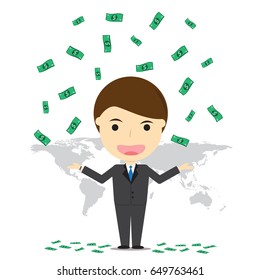 lot of banknotes is falling on the floor with happy businessman. vector illustration.