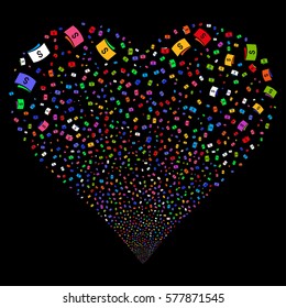 Banknotes fireworks with heart shape. Vector illustration style is flat bright multicolored iconic symbols on a black background. Object valentine heart organized from confetti pictographs.
