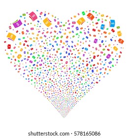 Banknotes fireworks with heart shape. Vector illustration style is flat bright multicolored iconic symbols on a white background. Object heart done from confetti icons.